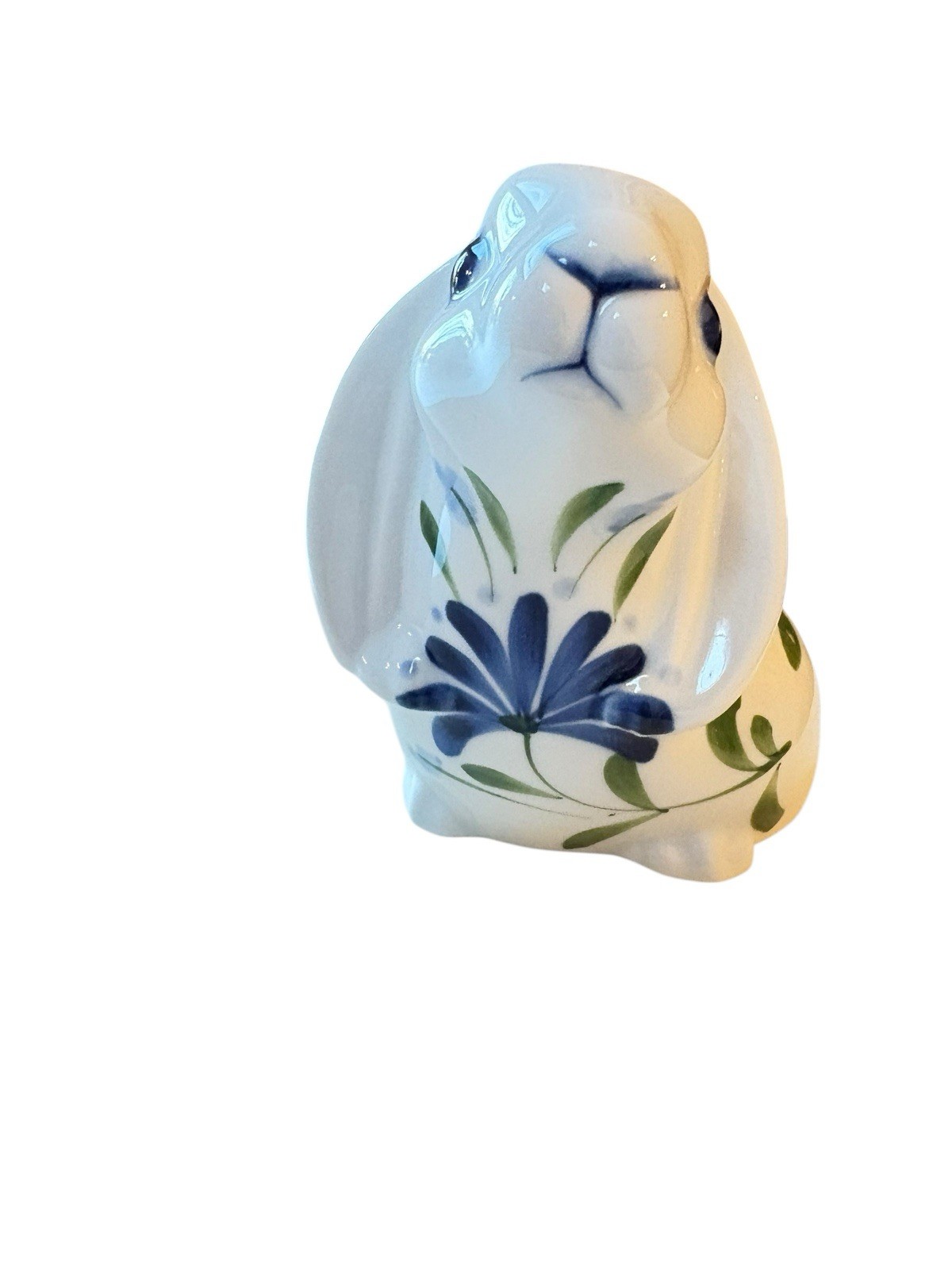 Dansk Porcelain Rabbit Figurine Hand Painted Blue Flowers Green Leaves Retired