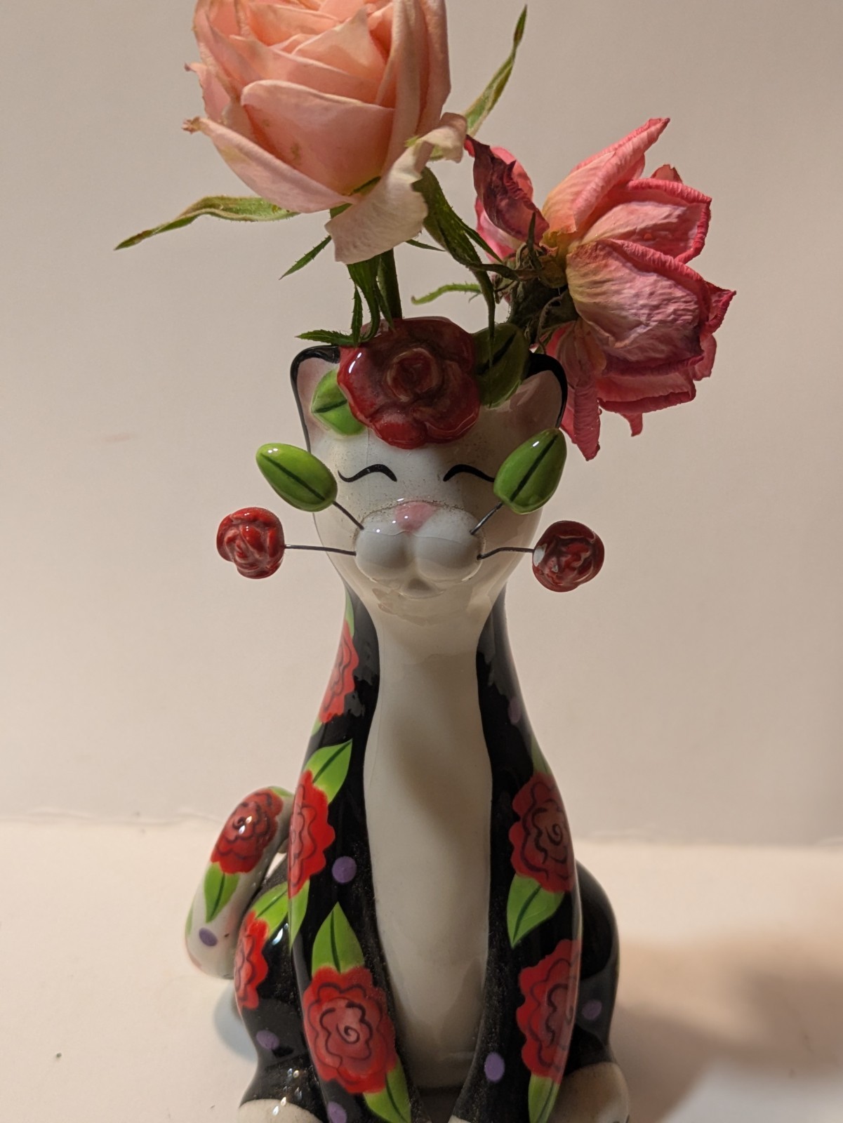WhimsiClay Vintage Roselle Black & Red Floral Cat Bud Vase by Amy Lacombe