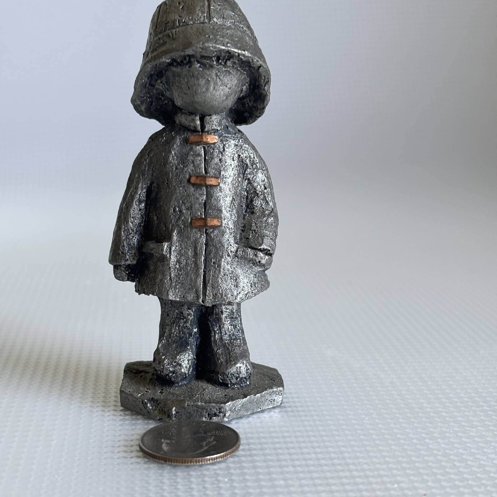 Walli Ortman Hudson Pewter Sculpture Figurine 4.5” 1 Lb Boy In Raincoat Copper
