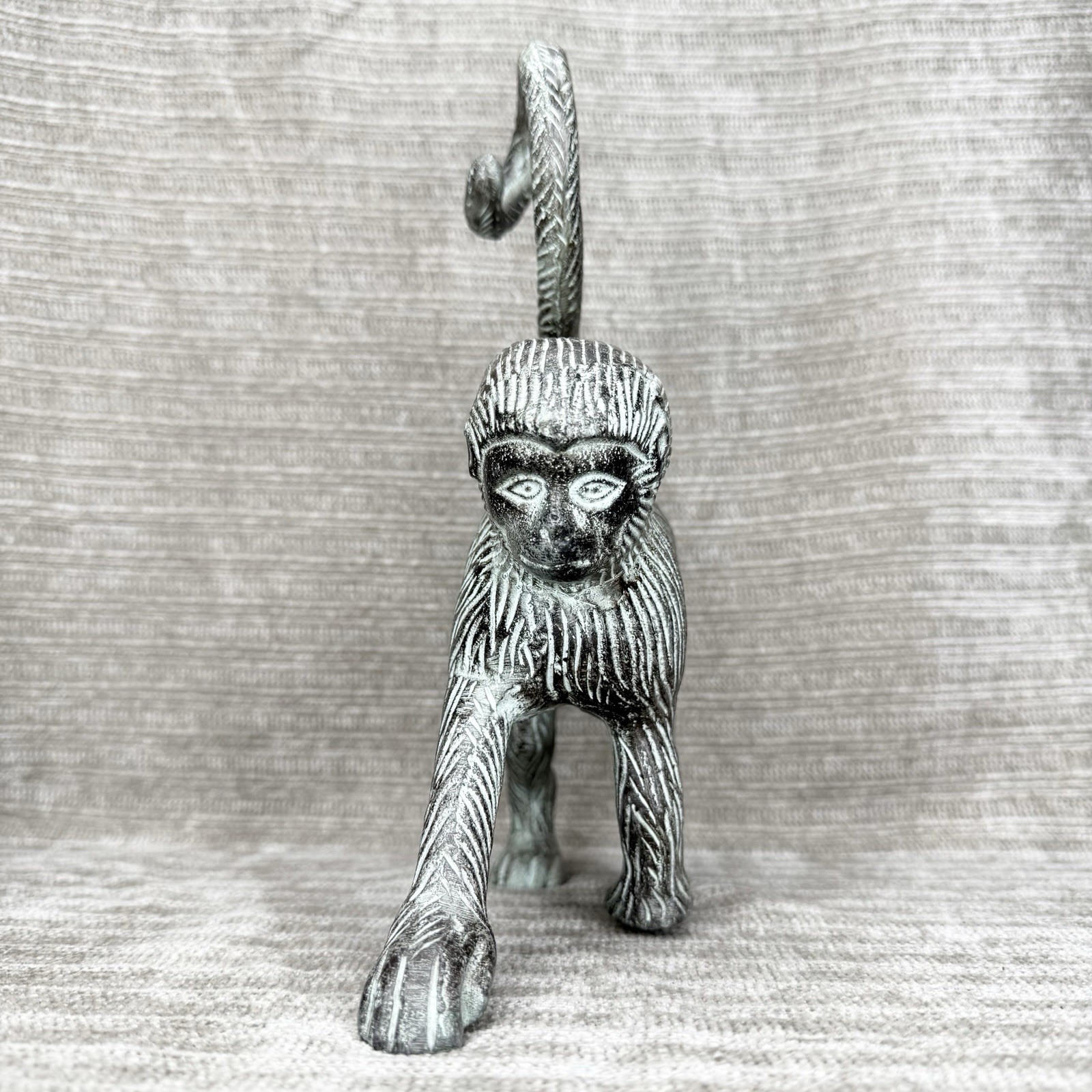 Decorative Metal Monkey Figurine with Curled Tail Animal Decor Patina Look 10×7”