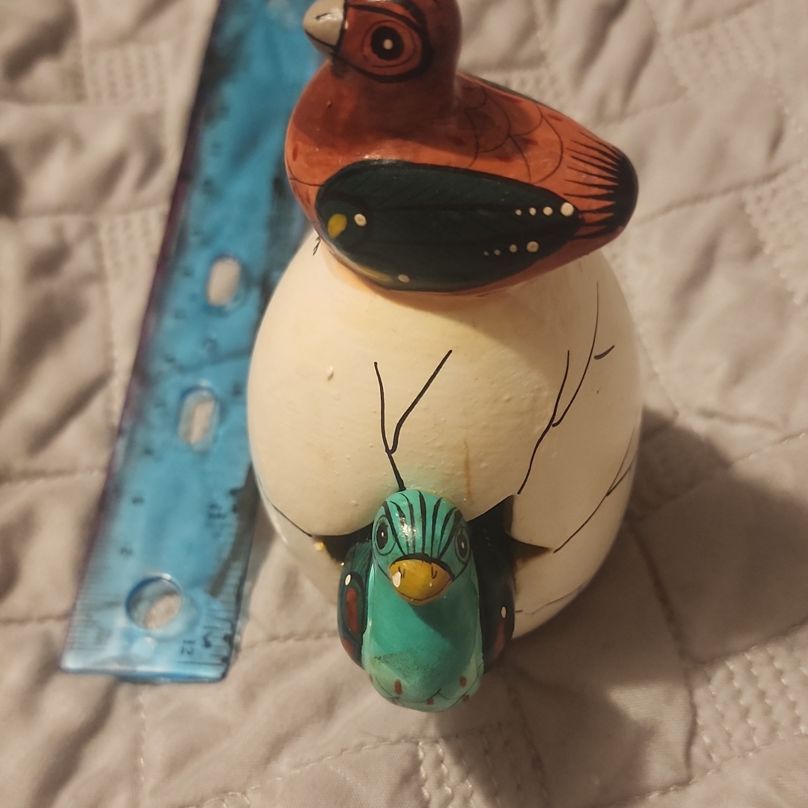 Hand Painted Wood Bird Figurine on White Egg, Glossy Finish, Brown/Green