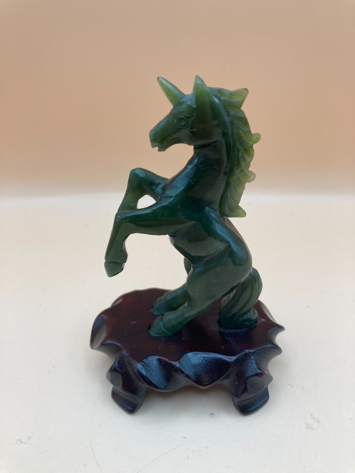 Vintage Hand Carved Nephrite Rearing Unicorn Figurine on Wood Stand Statue 4″