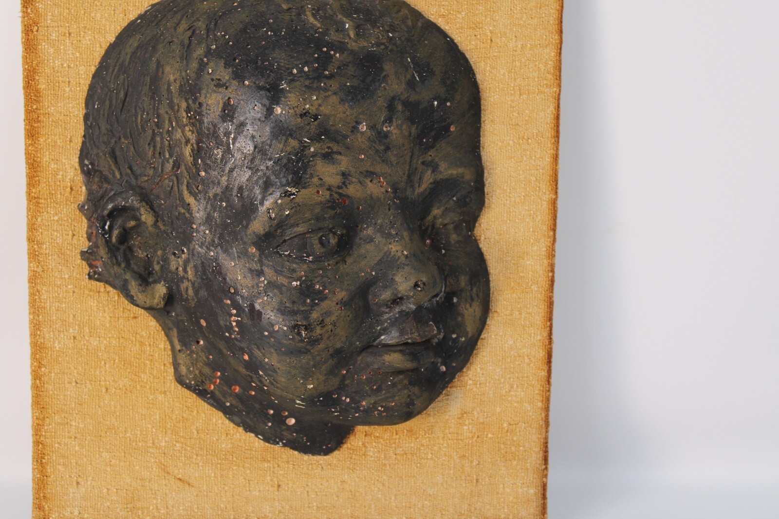 Antique Hand Made Painted 3-D Sculpture Head Of Boy Made Of Plaster On Board