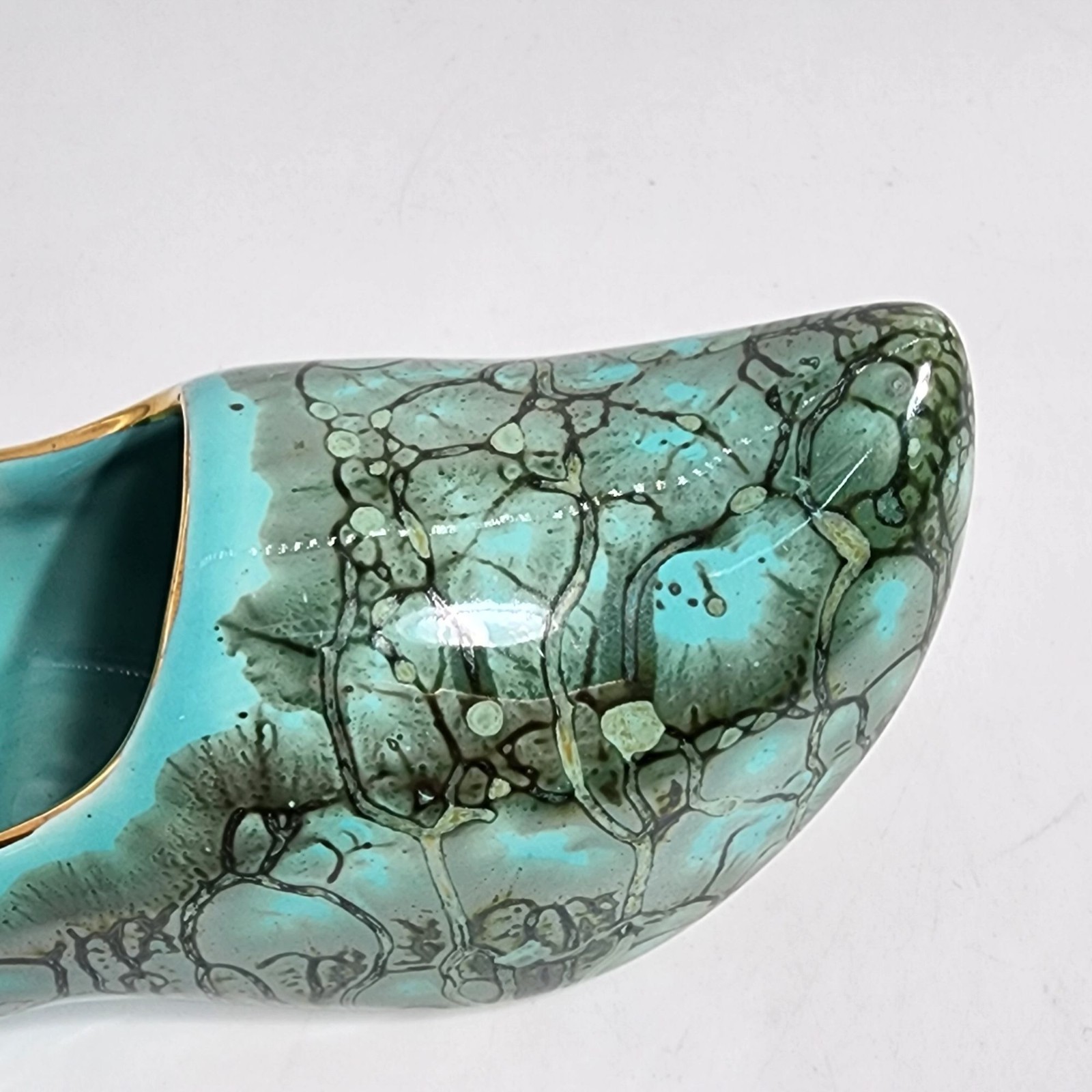 Vintage Dutch Ceramic Clog Shoe Turquoise and Gold Hand Painted Made in Holland