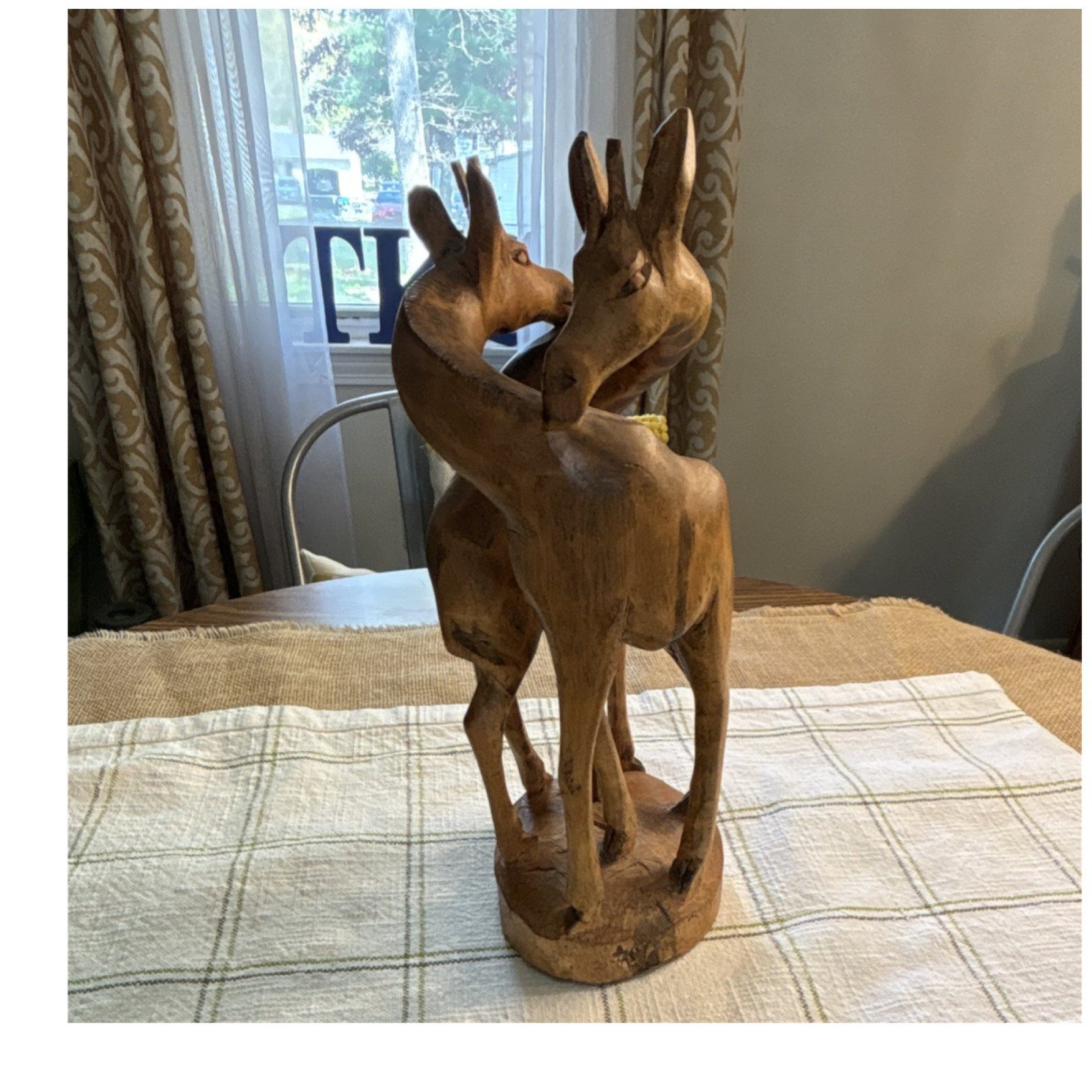 Hand Carved Wood Giraffe Sculpture 2 Figurines Natural Finish Heavy