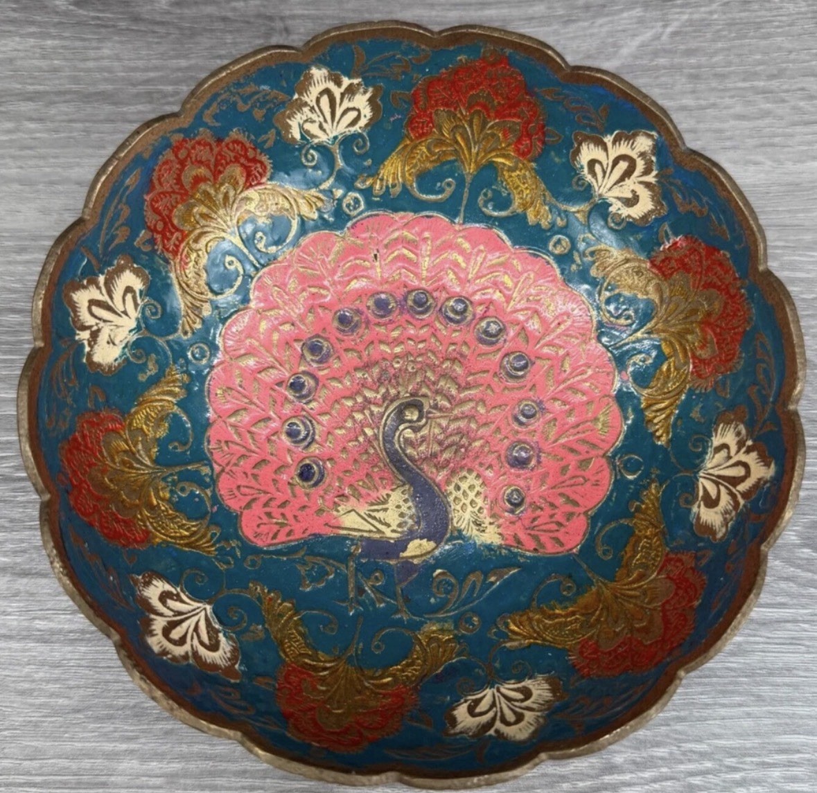 Vtg Brass or Plated Bowl Trinket Dish w/ Peacock Floral Design India Scalloped