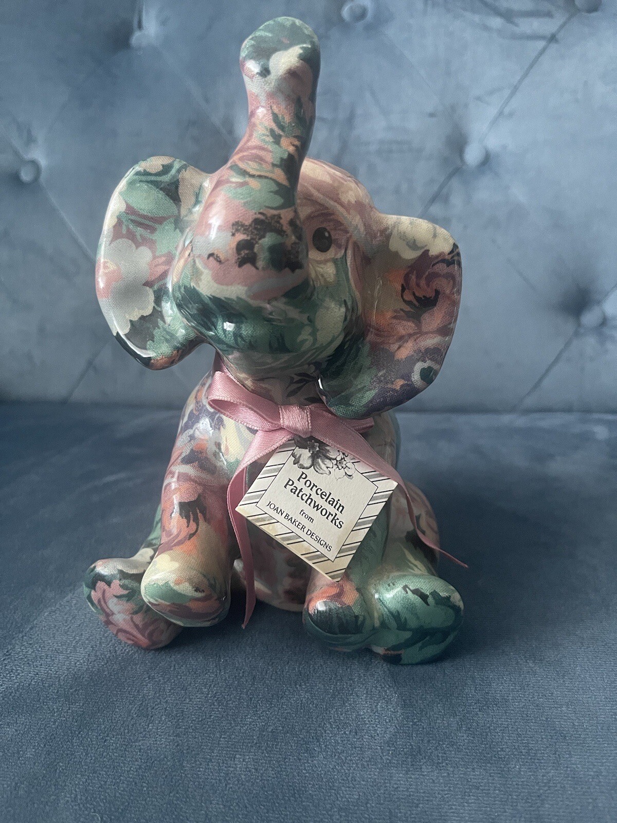 Patchwork Elephant Figurine Joan Baker Designs Floral Pink Green Arbor Rose 8”
