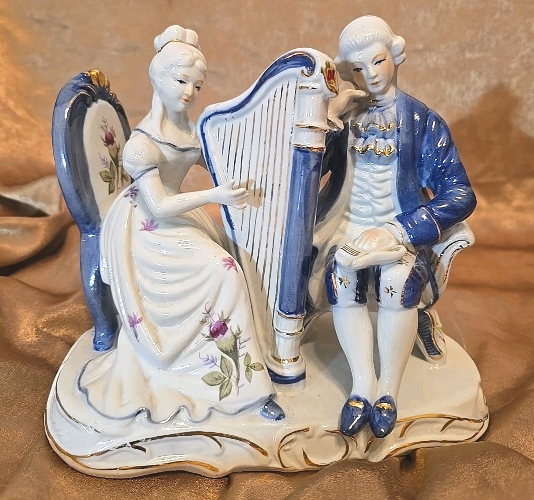 Rare Blue&white Porcelain Colonial/ Victorian Couple Playing Harp/reading Figure