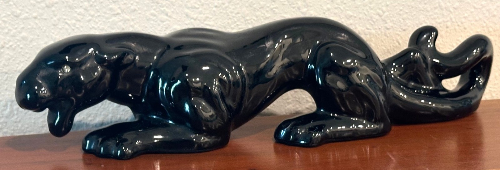 Vintage 13.5″ Crouching Black Panther Ceramic Figurine w/ Clear Jewel Eyes