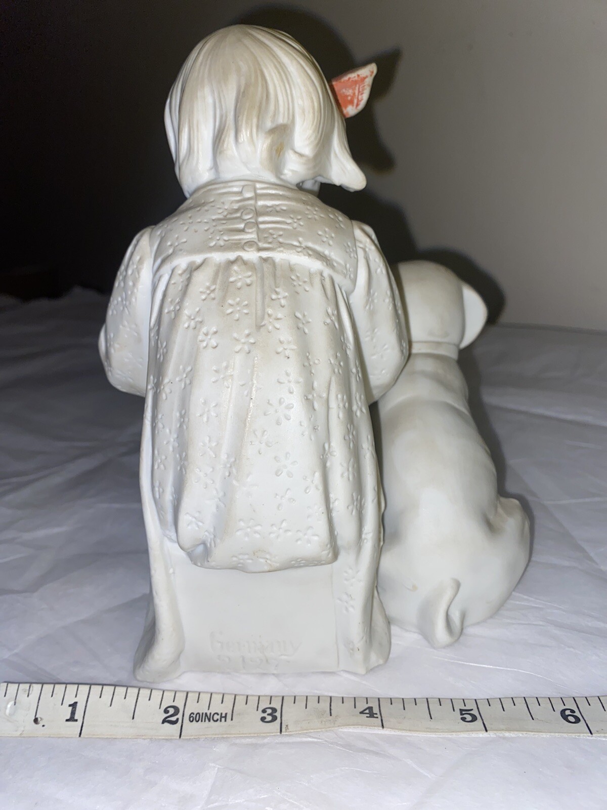 7” Vtg German Carl Schneider Bisque Porcelain Little girl dog Puppy Ceramic