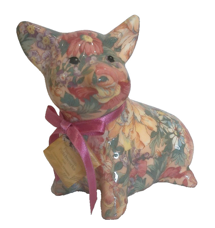 Vintage Porcelain Patchworks Joan Baker Designs Floral Pig Figurine Tags