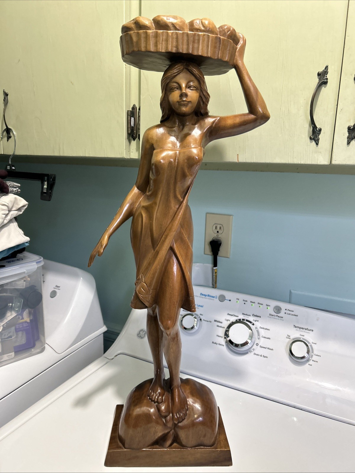 vintage hand-carved wooden statue, woman carrying a fruit basket or bowl 25.75”