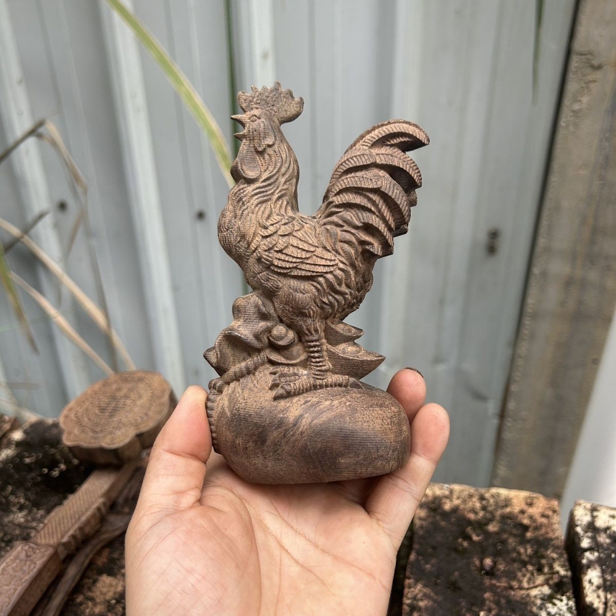 5.7″ Natural Wood Carving Rooster Statue Furniture Home Table Lucky Ornament
