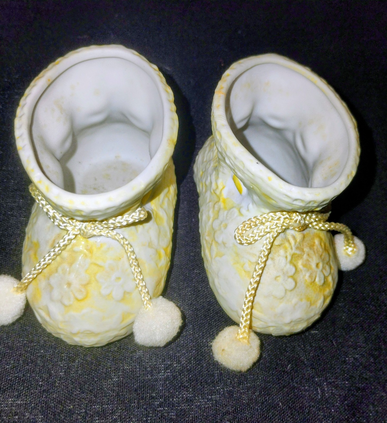 Enesco Porcelain Baby Booties Figurines Yellow Floral Pair Planters or Decor