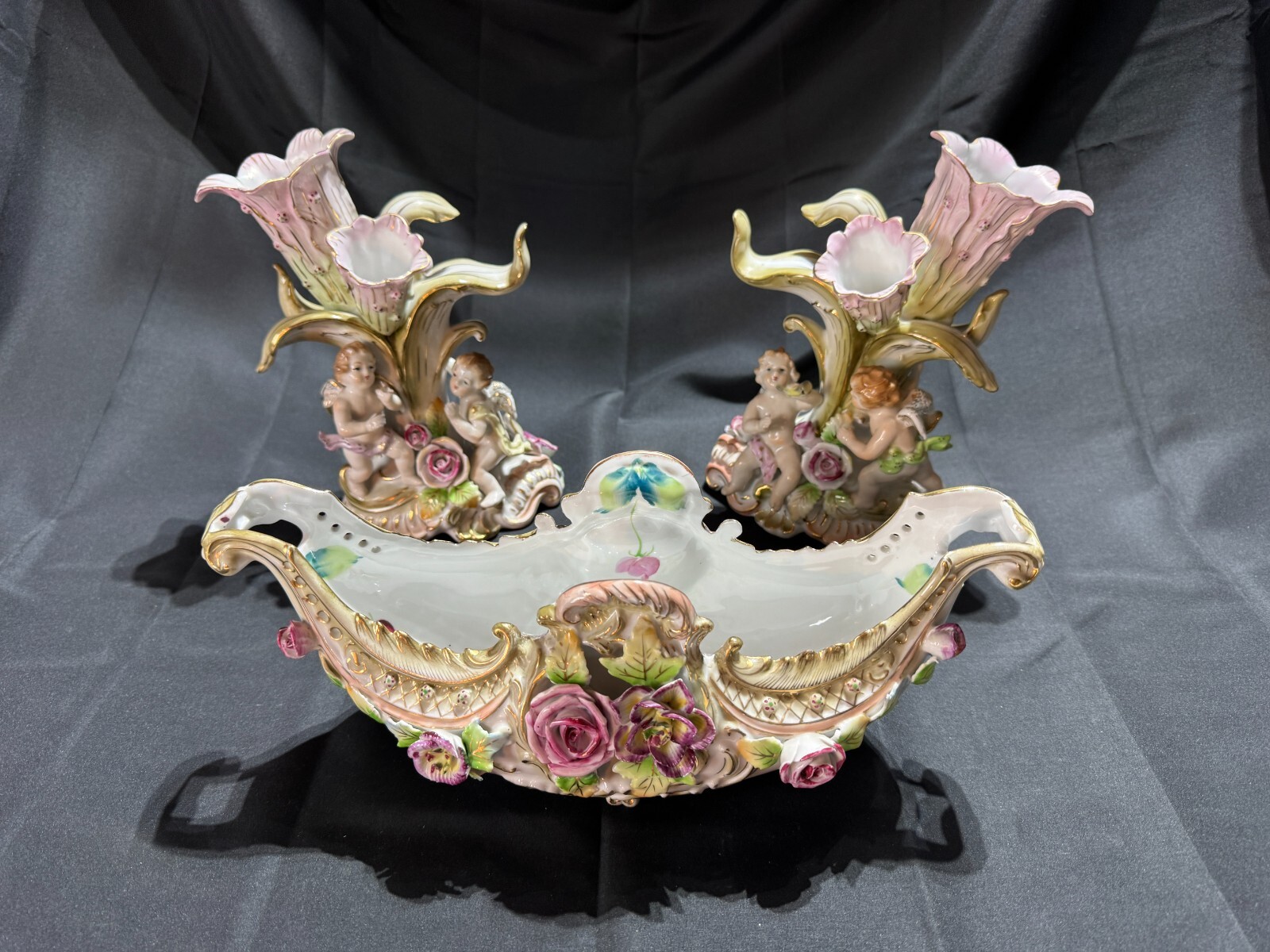 Original 1900’s Camille Naudot Cherubs PORCELAIN Gold 3-Piece Set (A-C6778)