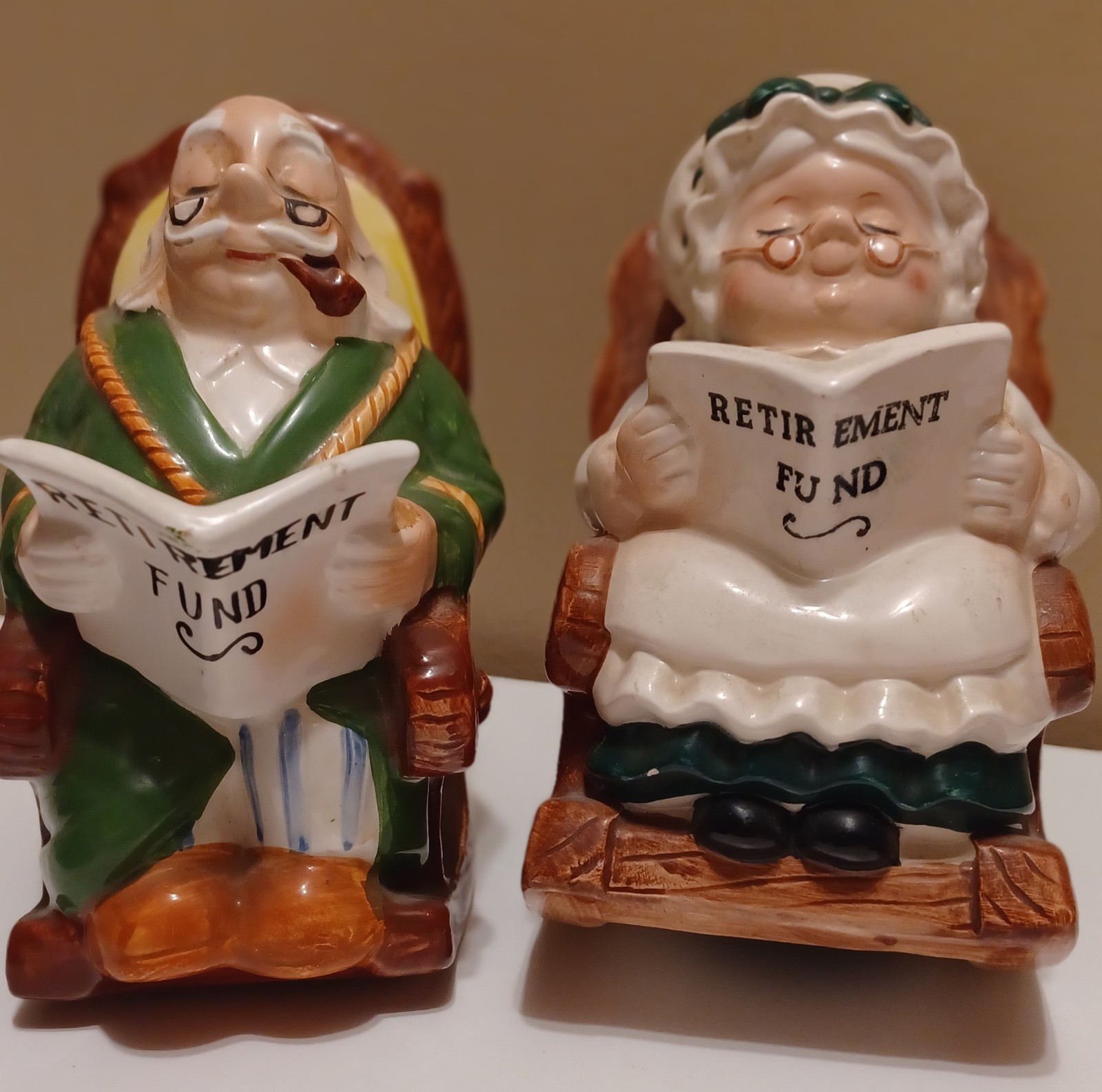 Vintage Retirement Fund Grandma & Grandpa On Rocking Chair Lefton Figurine Banks