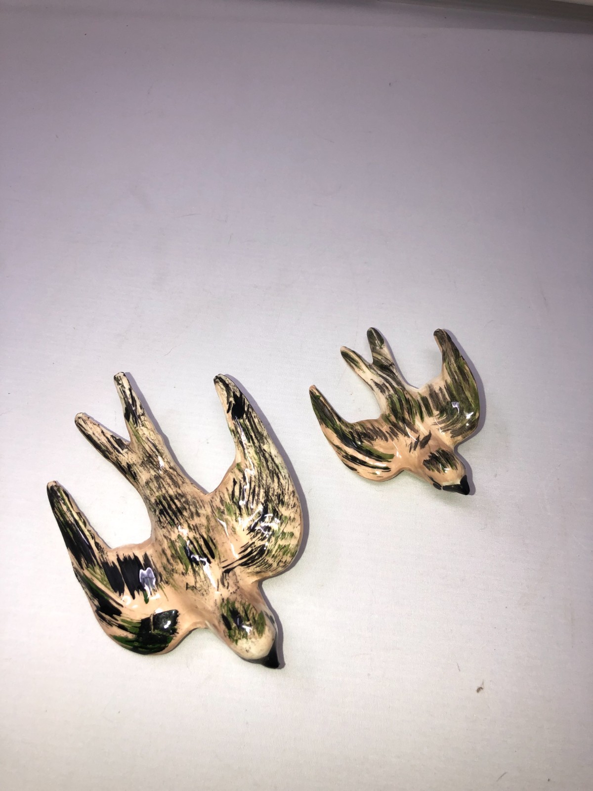 2 Vintage Ceramic Flying Sparrow Wall Hangings-Signed