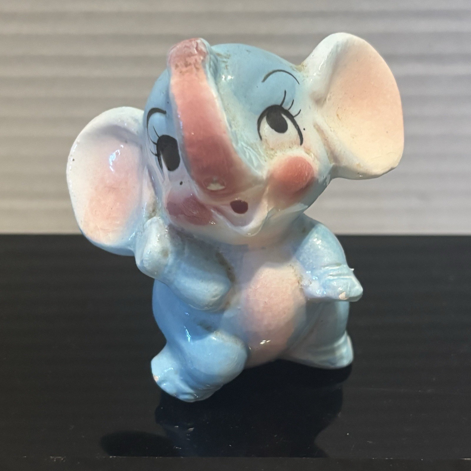 Vintage Trunk Up Elephant Baby Blue & Pink 3” Ceramic Figurine Japan -Super Cute