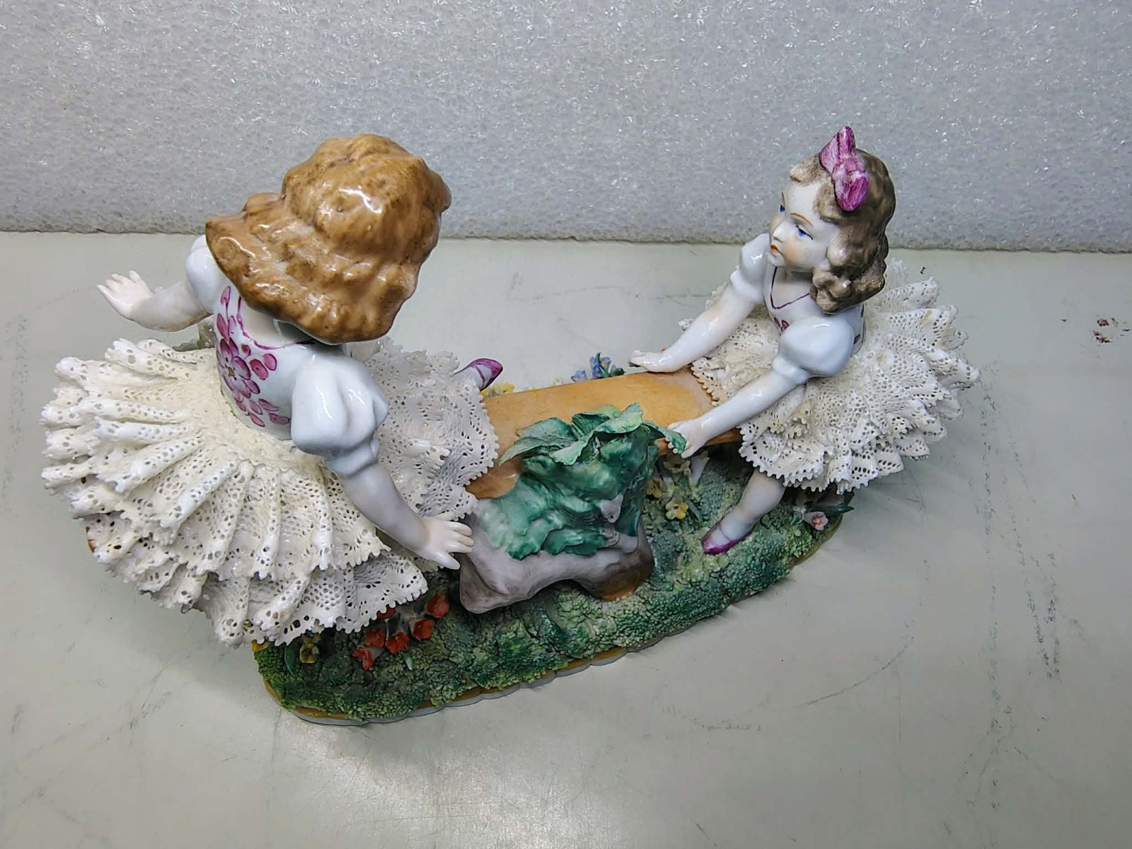 Antique 1850’s German Dresden Lace Sitzendorf Porcelain Girls on Seesaw Figurine