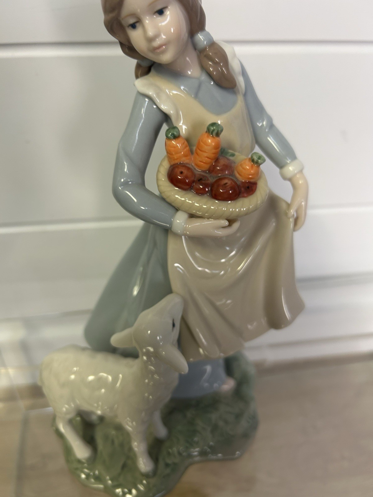 Porcelain Sheep Lamb Woman Girl Figurine Farm Country Basket 9.5″ Tall Statue A+