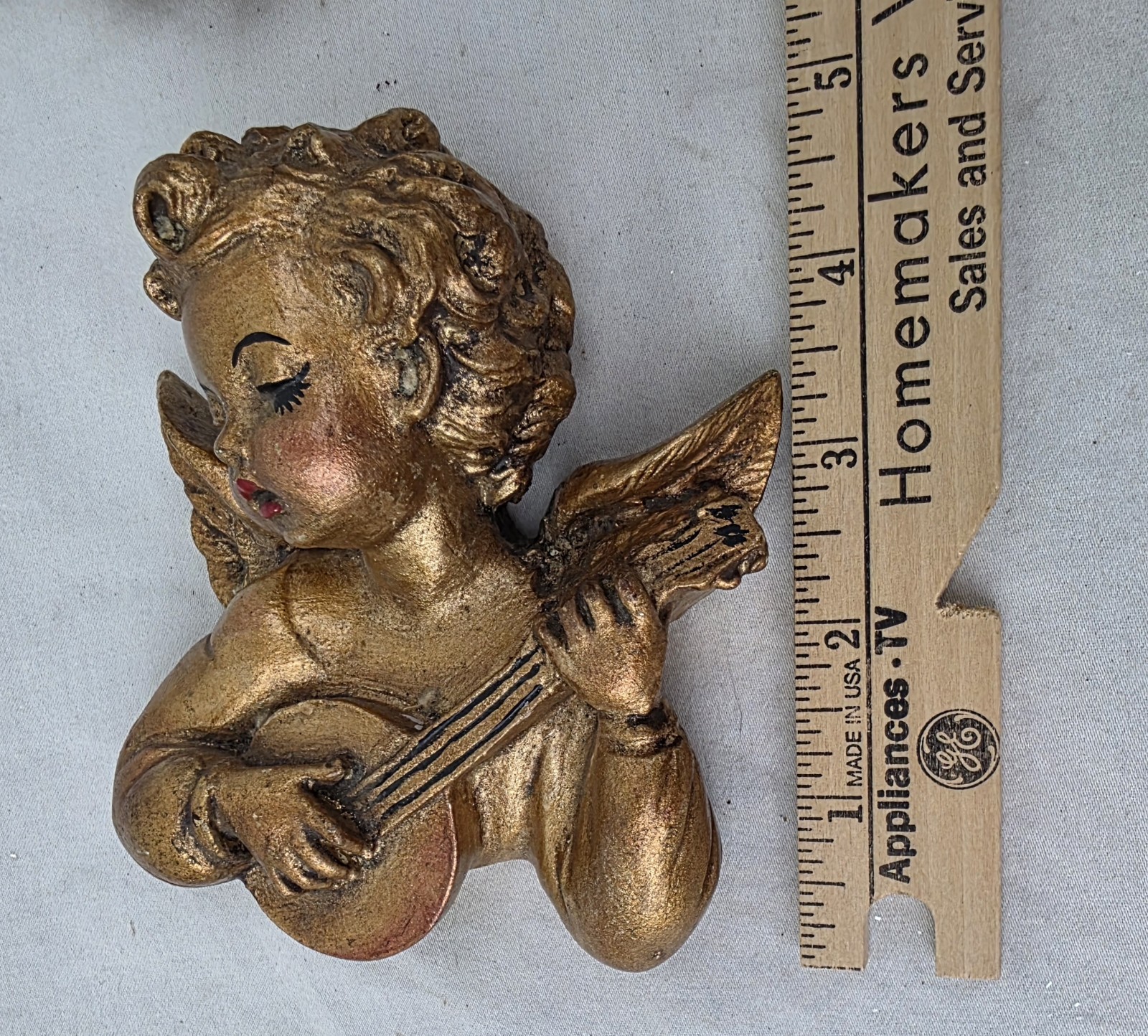 Vintage Musical Cherub Angels(2) MCM Gold Plaster Chalkware Hanging Wall Decor
