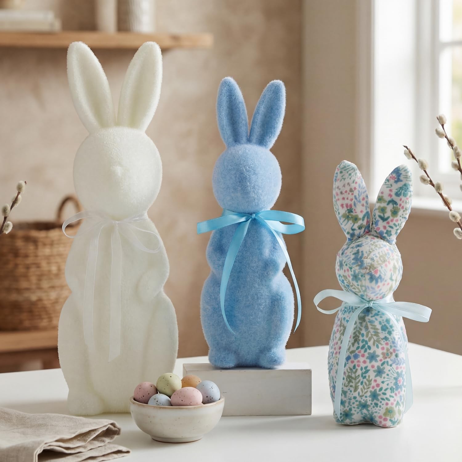 Flocked Bunny Easter Decorations 9/10/13 Inch Rabbit Statue Spring Decor 3 PCS