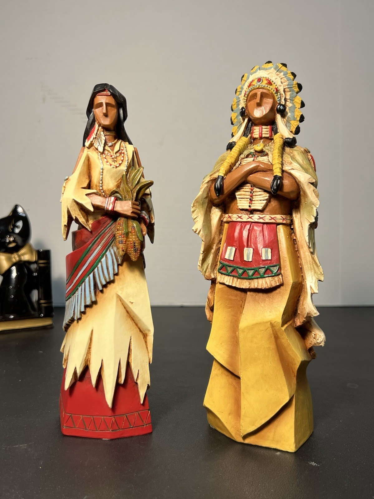 Pacific Rim 1990s Set Of 2 Cubist Native American Figurines Faux Wood Resin