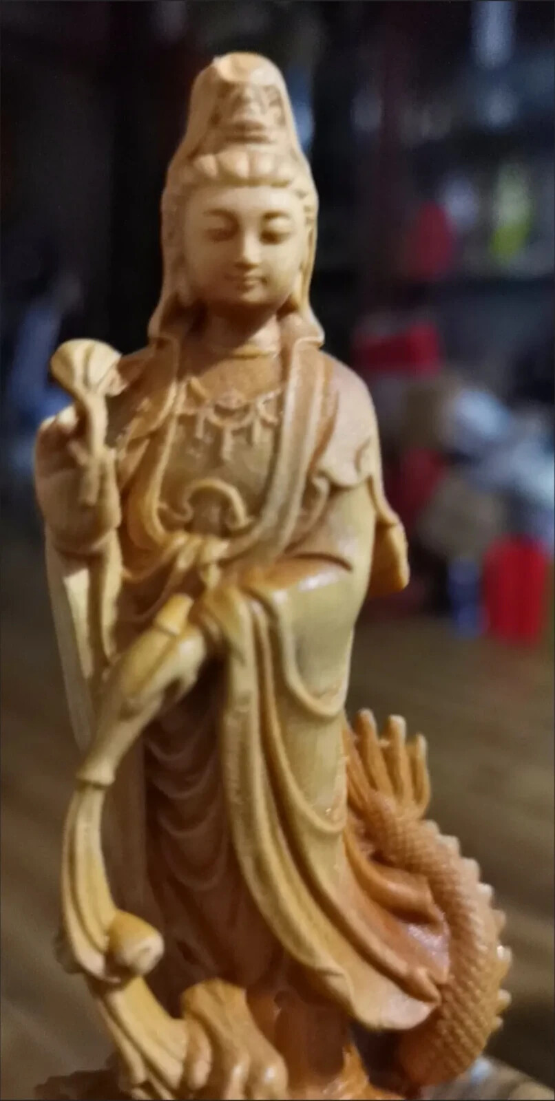 4.7″ Natural Boxwood Carving Dragon Avalokitesvara Bodhisattva Fengshui Ornament