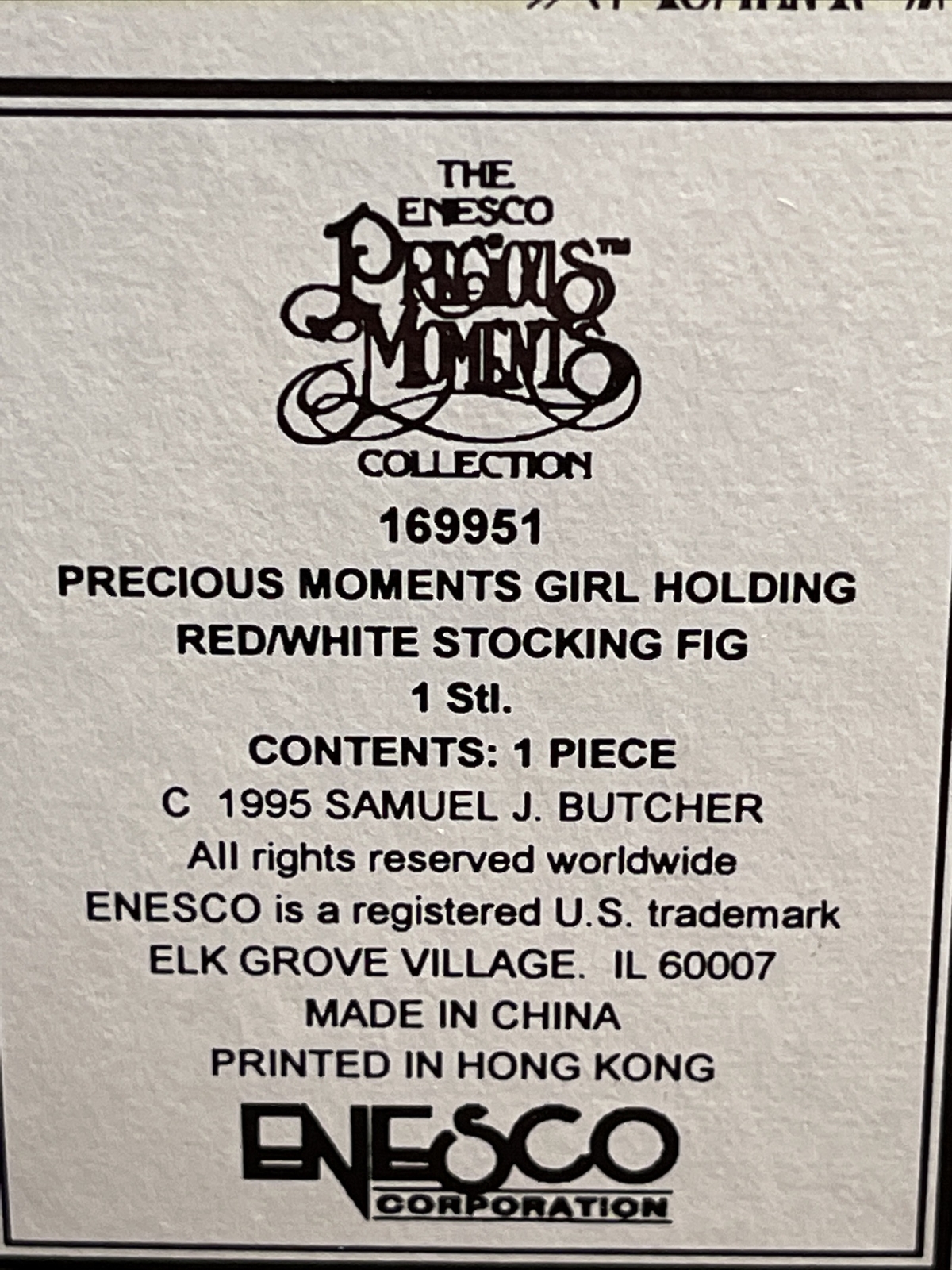 1995 Precious Moments Figurine Girl Holding Red White Green Stocking #169951