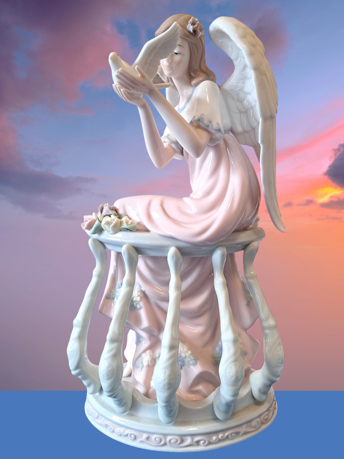 Heavenly Angel and Dove on White Victorian Floral Garden Balcony Edge Figurine