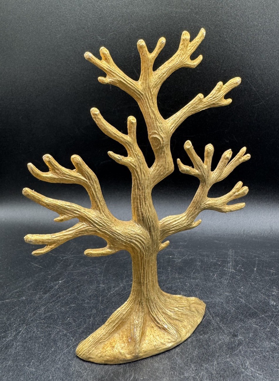 Vtg Cast Metal Decorative Gold Tone Tree Jewelry Stand Earring Holder 6.5″ Tall