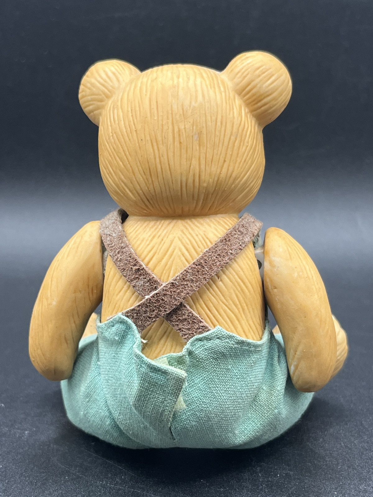 Homco Porcelain Jointed Teddy Bear Boy w/ Fabric Overalls – Taiwan Vtg 3.5″