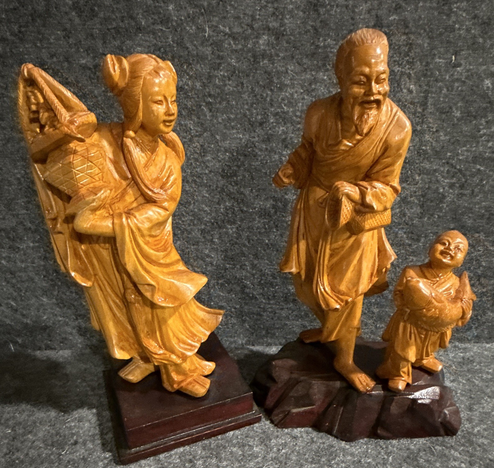 Vintage Hand Carved Boxwood Asian Figures Scholar Child & Woman Statue Pair