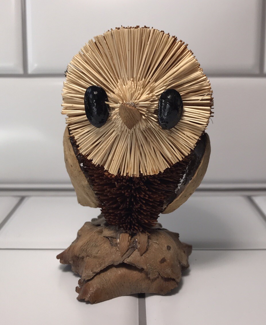 Buri Bristle Brush Art Owl Ornament Freestanding Woodland Creature Cottagecore