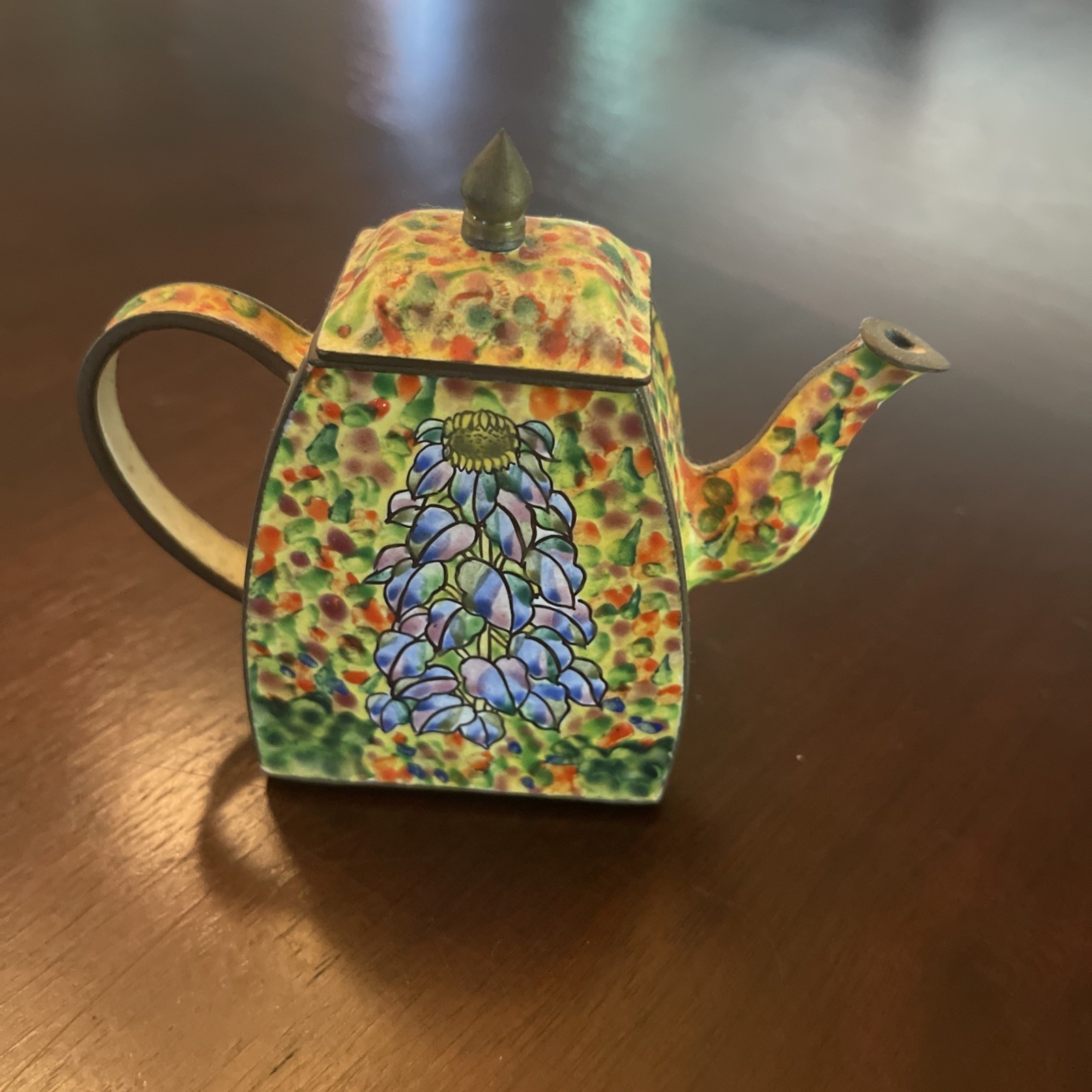 ? KELVIN CHEN Hand Painted Enamel On Copper Floral Miniature Teapot Figurine