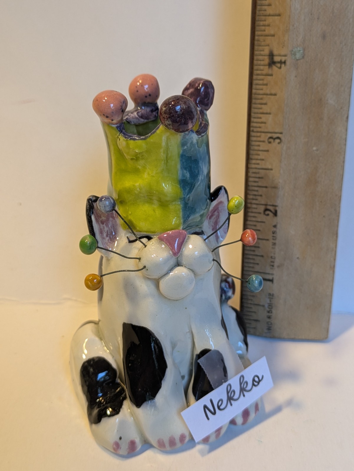 Black & White WhimsiClay Cat Candle Holder “Neo” Handmade in 1999 by Amy Lacombe