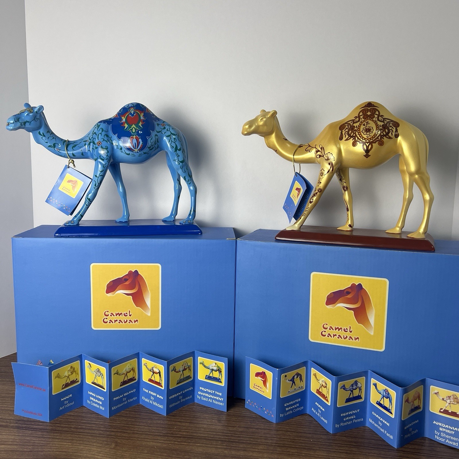 2004 Camel Caravan Dubai Ceramic Figures Gold Noor #39942 & Blue Chakavak #39928