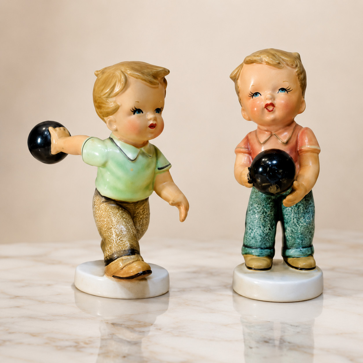 Vintage Napco Bowling Boy Figurines 1958 Set of 2 Ceramic Sports Figures