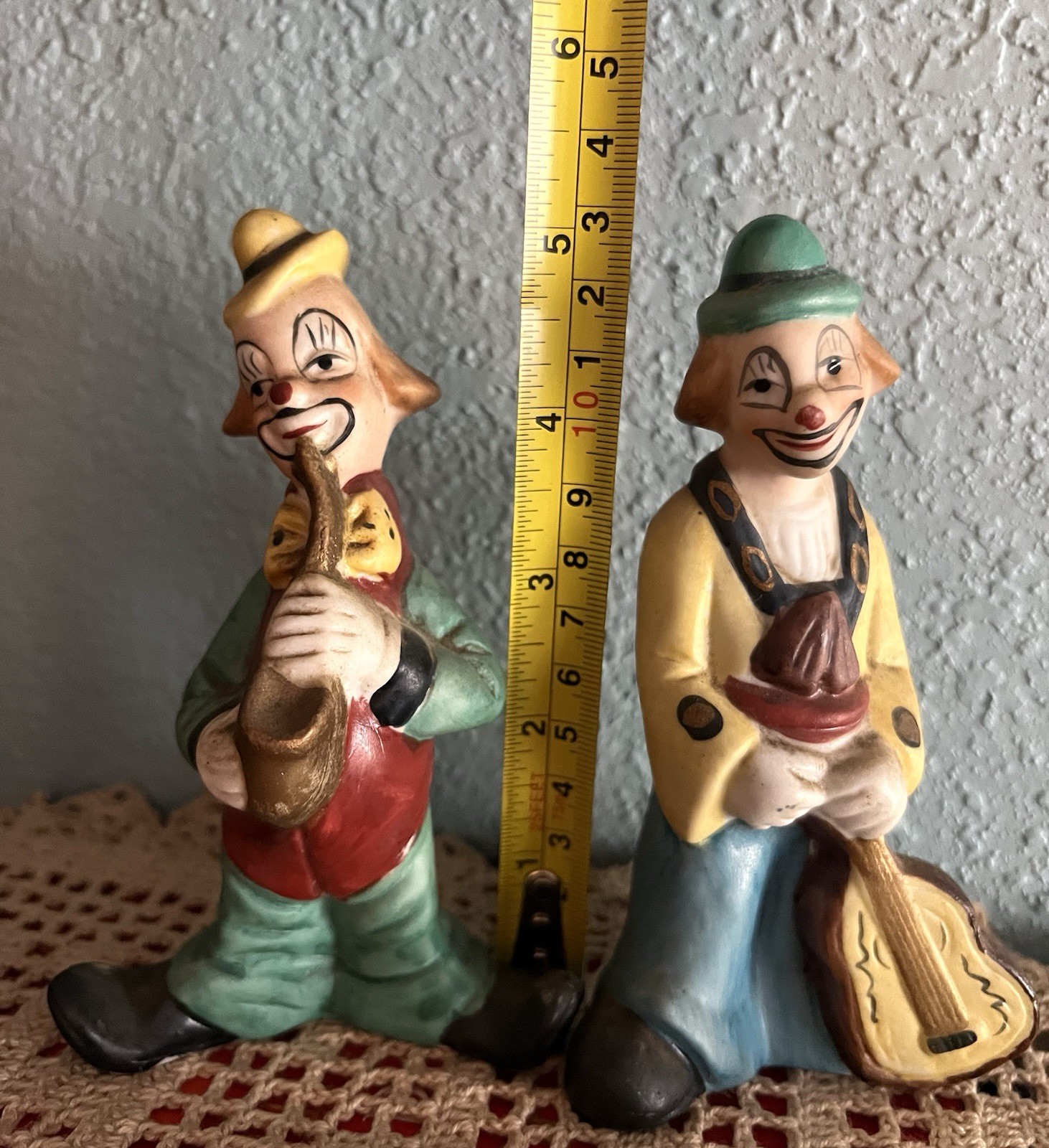 Set/2 Porcelain or Ceramic Bisque Clown Figurines w/Musical Instruments Taiwan