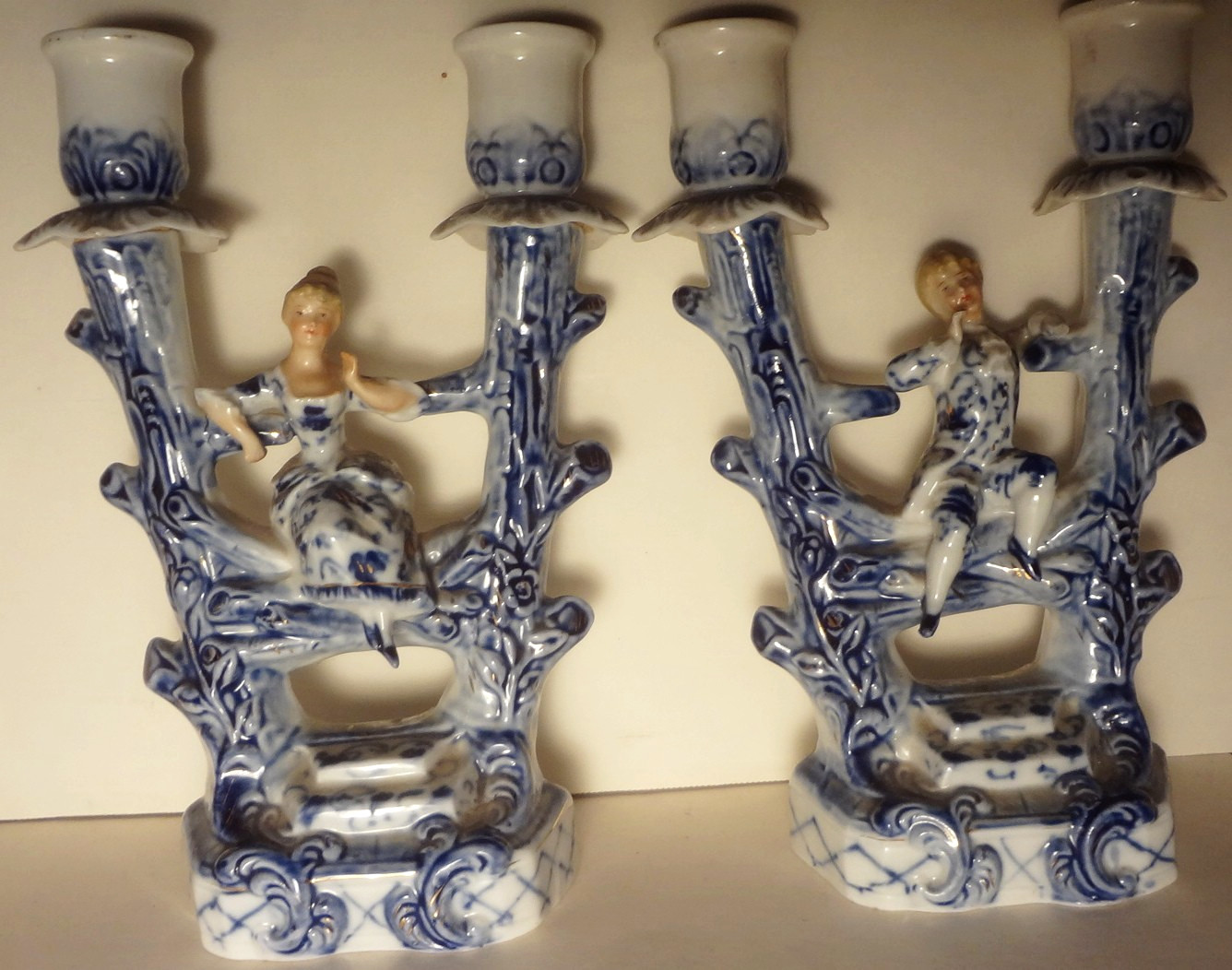 Antique 1860-1880 GERMAN PAIR of UNUSUAL CANDLEABRA Dresden Blue COURTING COUPLE
