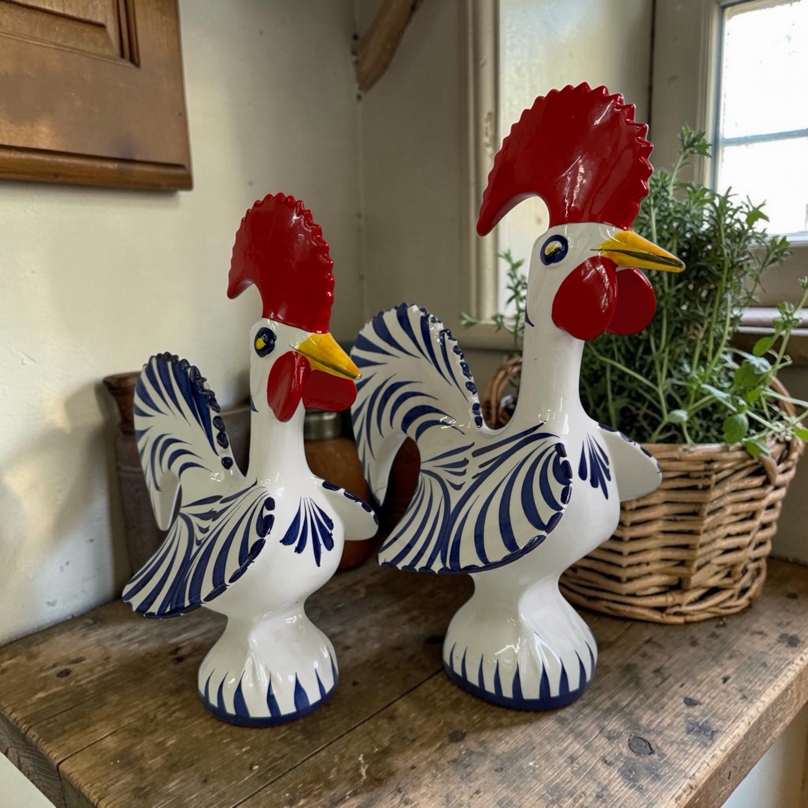 2 Roosters Of Barcelos Trust & Good Luck Figurines Hand Painted Portugal *FLAW*