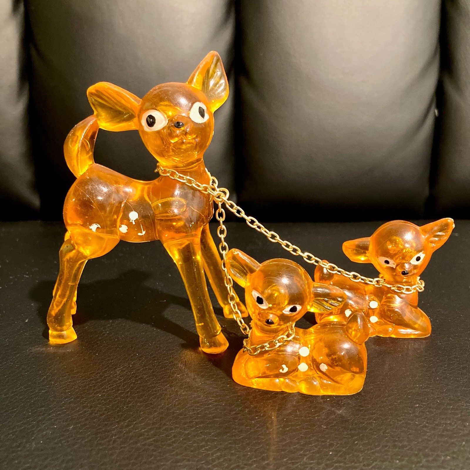 Vintage 60s Lucite Chained Deer Family Orange Retro Kitsch Bambi Fawns HONG KONG