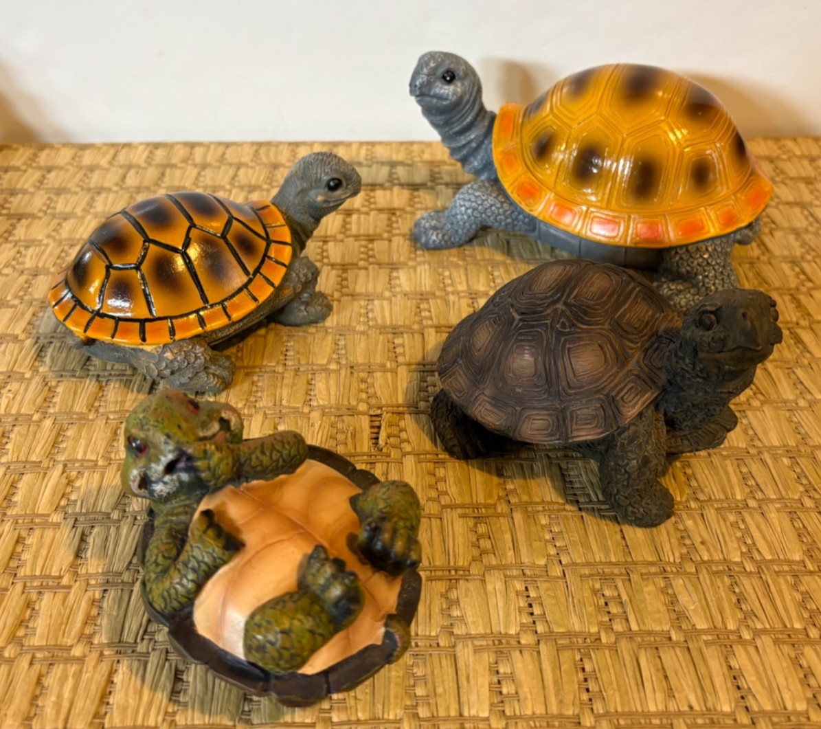 Lot of 4 ~ Turtle Figurines ~ Sizes 1″ to 8″ ~ Wood-Resin-Metal-Ceramic ~ Nice!