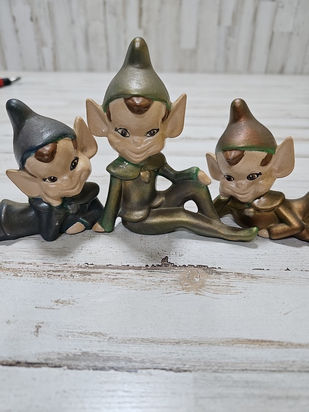 Vintage Ceramic Pixie Elf Figurine Knee Up Pointed Ears MCM Decor Lot Of 3