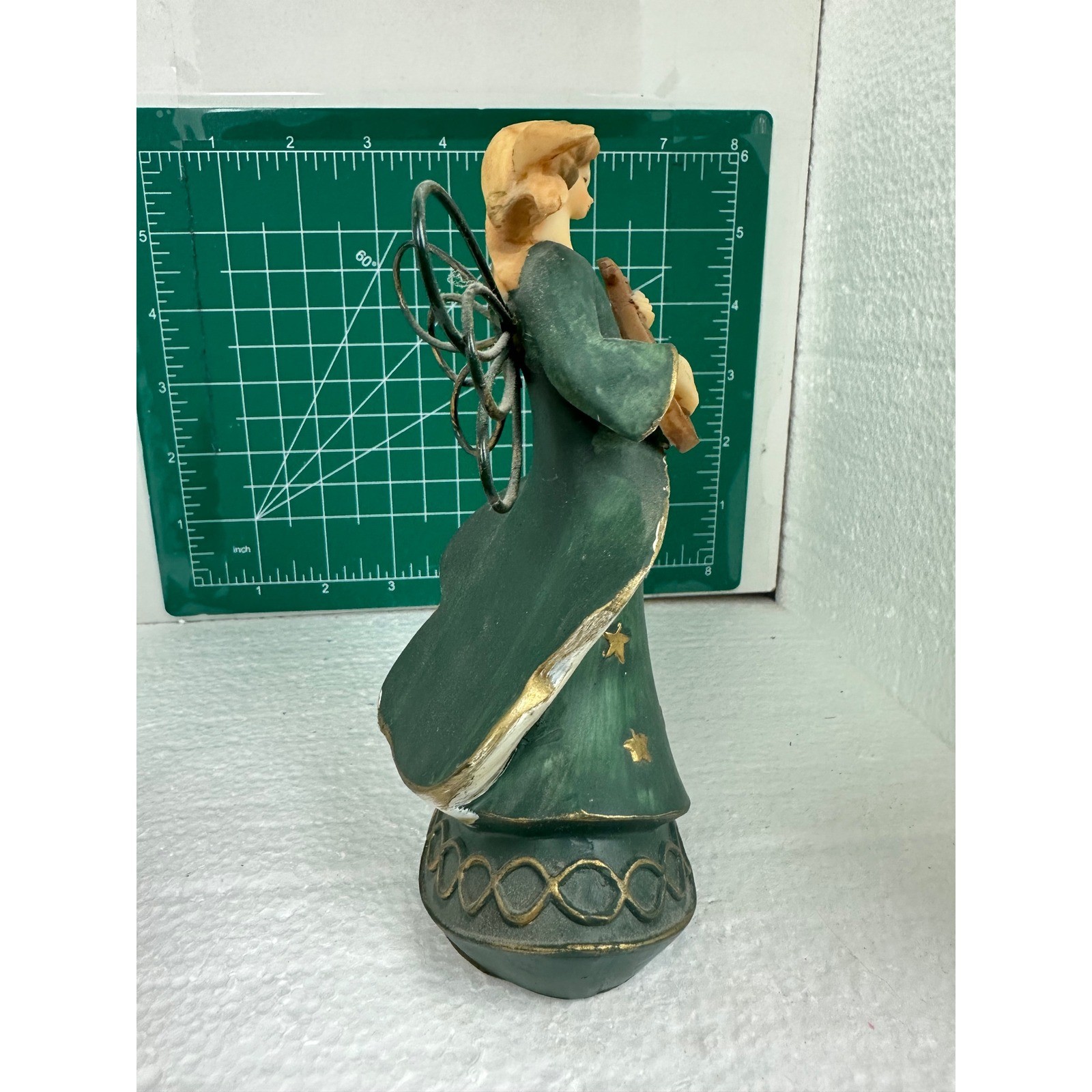 Green Polystone Angel Figurine with Lute Musical Instrument Home Decor Statue