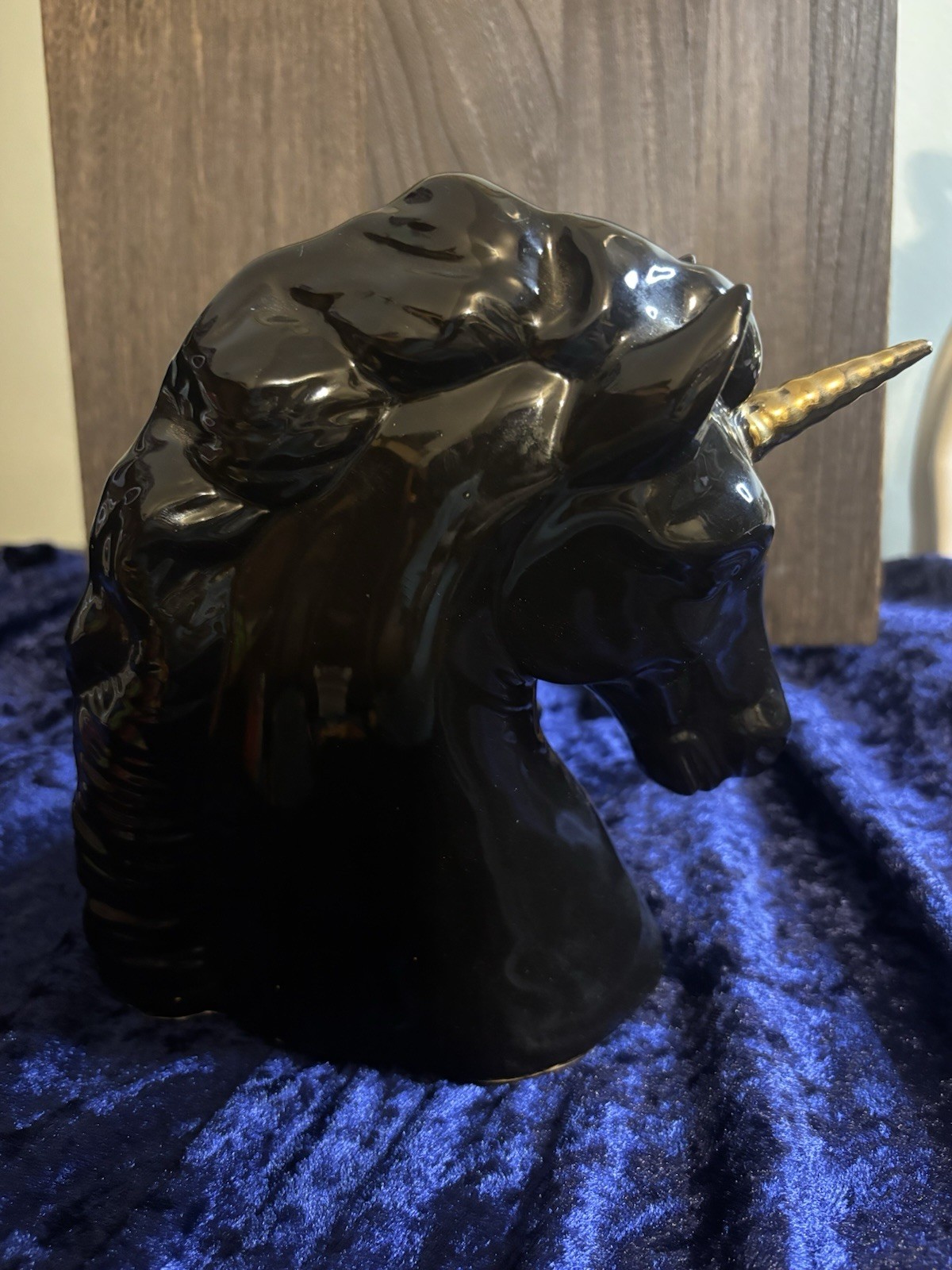 Vintage Black Unicorn Statue Mother & Baby Gold Horns Ceramic Figure Bust
