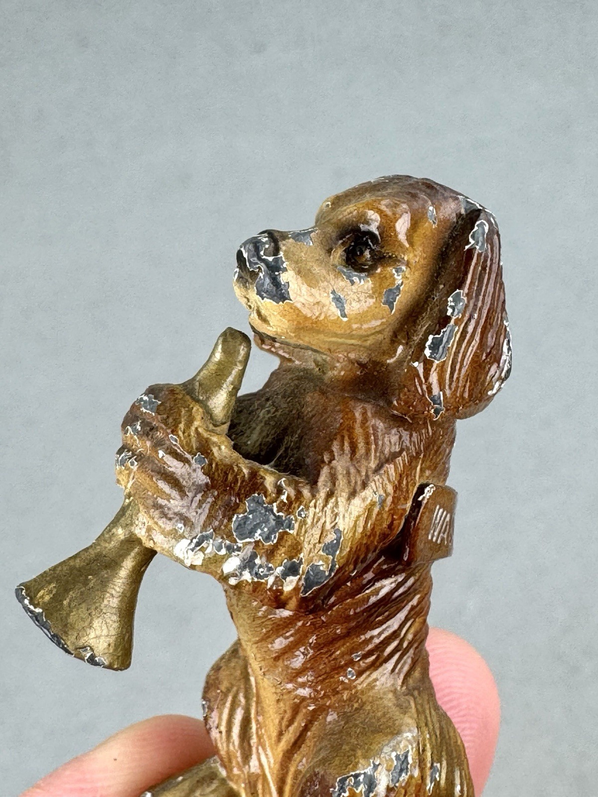 Vintage Heavy Metal Dog Figurine Playing Horn Washington DC Painted