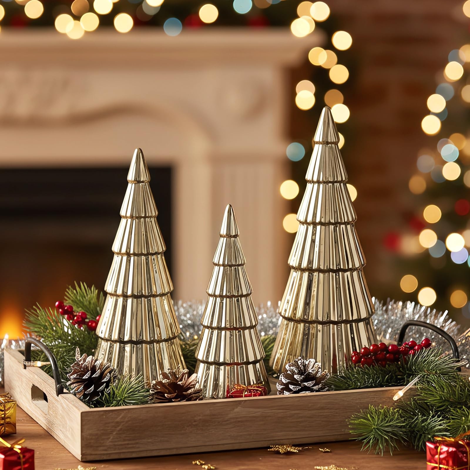 3 Pieces Gold Ceramic Christmas Tree Figurines Tabletop Small Decorative Xmas…