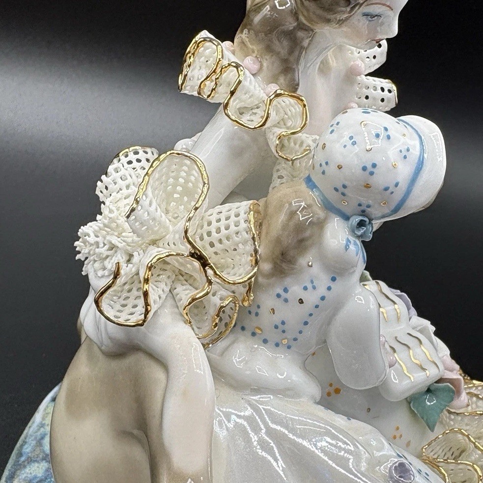 Vintage Alba Iulia Romanian Porcelain Lace Figurine Mother Child Reading (C)