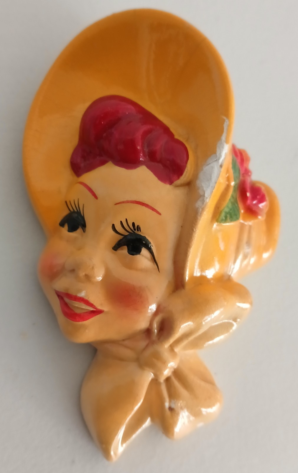 Vtg 1950’s Miller Chalkware Lovely Girl In Bonnet Yellow Wall Hanging 4″ Chalk